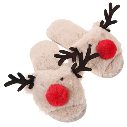 DEARMAMY Warme Plüsch Hausschuhe mit Elchmotiv Flauschig und Geräuscharm Rutschfeste Stoffsohle Kuschelige Herbst Winter Pantoffeln für Damen und Herren von DEARMAMY