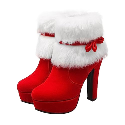 DEARMAMY Weihnachtliche Damen Kurzstiefel Winterstiefel mit Rutschfester Gummisohle und Reißverschluss Robuster Blockabsatz Warmes Plüschfutter Komfortabel für Kalte Tage Festliche Anlässe von DEARMAMY
