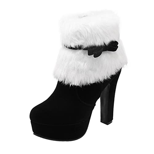 DEARMAMY Weihnachtliche Damen Kurzstiefel mit Plüsch Grobem Absatz Seitlichem Reißverschluss Schleifendetail Warm Gefüttert Rutschfest Elegant für Winter und Alltag Schwarz von DEARMAMY