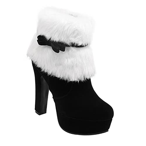 DEARMAMY Weihnachtliche Damen Kurz-stiefeletten Aus Plüsch Mit Hohem Absatz Und Dickem Plateau Rutschfeste Winterstiefel Mit Eleganter Schleife Für Festliche Anlässe Und Geschenke von DEARMAMY