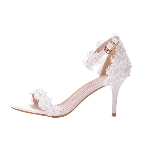 DEARMAMY Weiße Damen Sommer Sandalen mit Feinem Absatz Spitzenbesatz und Perlendekor Ansprechende Hochzeitsschuhe Leicht und Komfortabel Passend zu Kleidern und Jeans von DEARMAMY