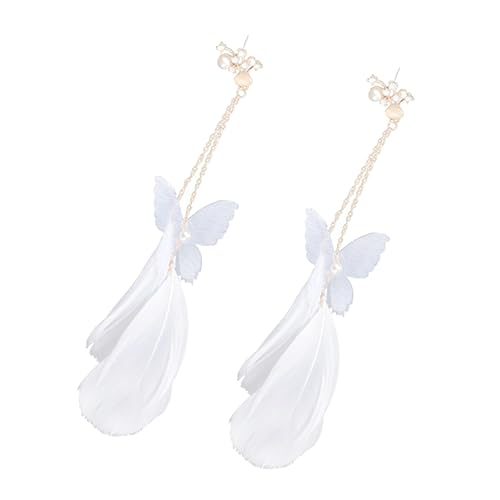 DEARMAMY Weiße Ohrclips für Damen mit Zarten Quasten und Schmetterlingsfedern nicht Durchstochen mit Funkelnden Strasssteinen Modischer Ohrschmuck für Hochzeit Party und Alltag von DEARMAMY