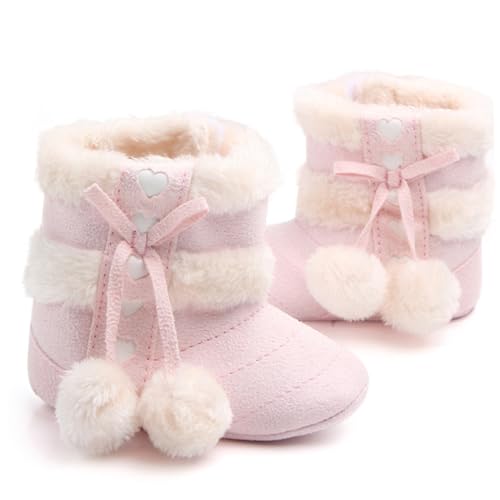DEARMAMY Winter Prewalkers mit Bowknot Warme Baumwolle Weiche Sohle Rutschfeste Krabbelschuhe für Neugeborene Hellrosa Winterschuhe für Junge Mädchen von DEARMAMY