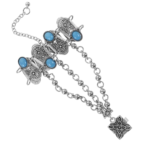 DEARMAMY Türkisfarbenes Armband Mit Integriertem Ring Ethnisches Design Verstellbares Handkettenarmband Für Frauen Langlebiges Modeschmuck von DEARMAMY