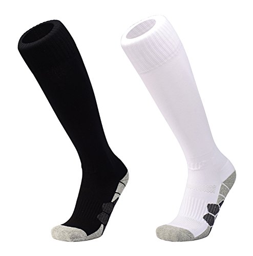 DEBAIJIA 2 Paar Unisex Fußballsocken für Herren, Damen, Jungen, Mädchen, hohe Knie, lange Sportsocken für Fußball, Basketball, Lacrosse, Rugby, 2 Paar - Schwarz/Weiß, S von DEBAIJIA