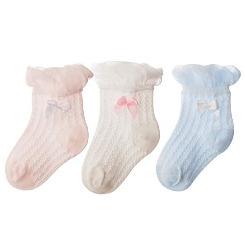 DEBAIJIA 3 Paar Baby Atmungsaktive Mesh-Socken Kurze Rüschensocken Stretch Spitze Weich Süß Bequem für 0-5 Jahre alt Jungen Mädchen Frühling Sommer Herbst von DEBAIJIA