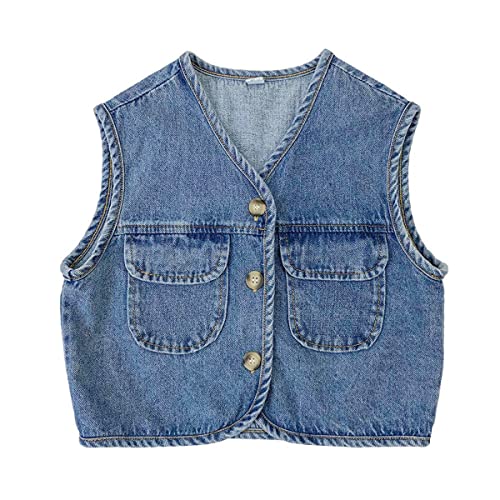 DEBAIJIA Baby Jeansjacke Weste Jungen Kinder Jeansweste Mädchen Ärmelloser Mantel Kleidung Beiläufige Herbst Frühling (01-Blau-130) von DEBAIJIA