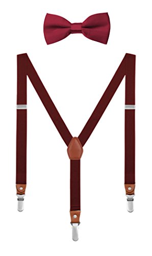 DEBAIJIA Baby Kinder Schick Hosenträger mit Fliege Etui 1-8 Jahre Jungen Mädchen Suspenders Retro 3 Clips Elastisch Gürtel Längeverstellbar - Bordeaux von DEBAIJIA