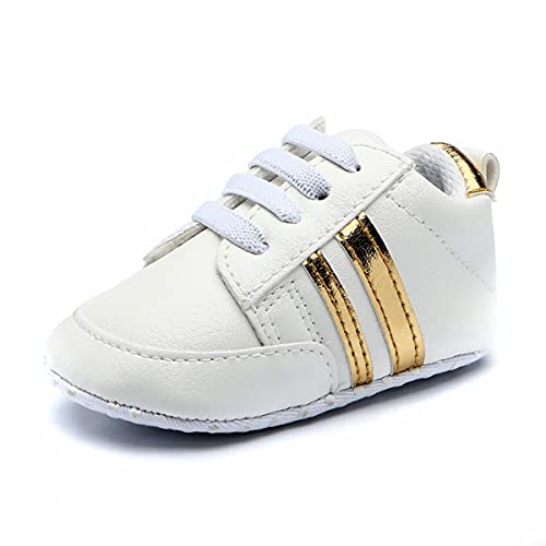 DEBAIJIA Baby Lauflernschuhe 0-18M Kinder Kleinkindschuhe Jungen Kinderschuhe Mädchen Turnschuhe rutschfeste Leichtes Atmungsaktives 18 EU Weiß Gold (Etikettengröße 2) von DEBAIJIA