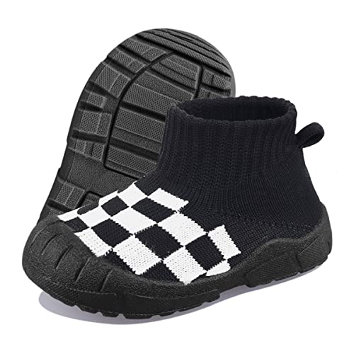 DEBAIJIA Baby Lauflernschuhe 1-4 Jahre Kinder Elastische Socken Schuhe Plaid Kleinkind Jungen Mädchen Weiche Sohle rutschfest Leicht Atmungsaktiv 18 EU Schwarz (Etikettengröße 13) von DEBAIJIA