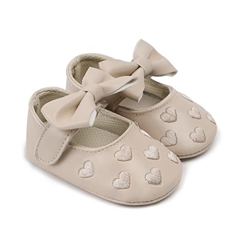 DEBAIJIA Baby Mädchen Prinzessin Schuhe 6-18 Monate Kleinkind Schöne Frühling Blume Schleife Herz Muster Weiche Sohle rutschfeste Leder Mode Beige 20 EU von DEBAIJIA