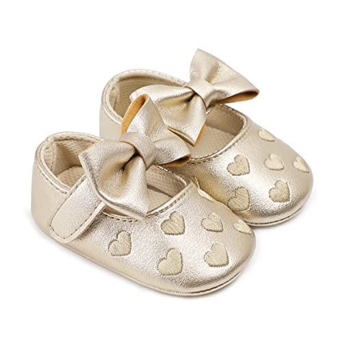 DEBAIJIA Baby Mädchen Prinzessin Schuhe 6-18 Monate Kleinkind Schöne Frühling Blume Schleife Herz Muster Weiche Sohle rutschfeste Leder Mode Gold 17 EU von DEBAIJIA