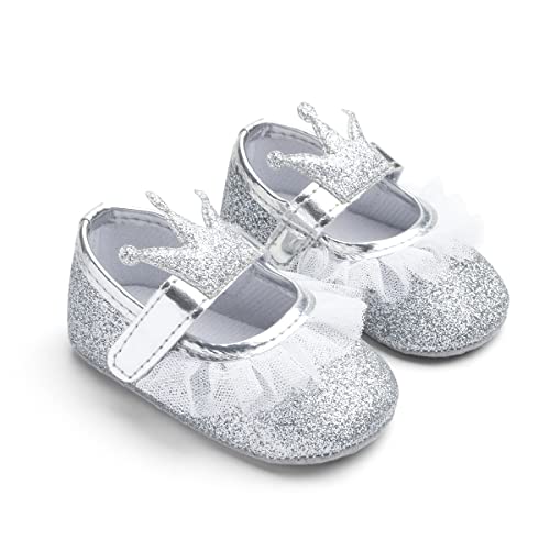 DEBAIJIA Baby Mädchen Prinzessin Schuhe 6-18 Monate Kleinkind Weiche Sohle rutschfeste Kunstleder Schöne Krone Spitze EU 17 Silber(Etikettengröße 1) von DEBAIJIA