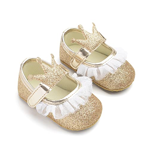 DEBAIJIA Baby Mädchen Prinzessin Schuhe 6-18 Monate Kleinkind Weiche Sohle rutschfeste Kunstleder Schöne Krone Spitze EU 17 Gold(Etikettengröße 1) von DEBAIJIA