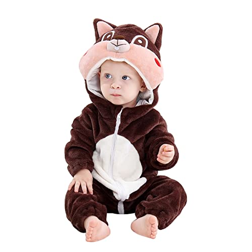 DEBAIJIA Baby Spielanzug Flanell 0-24M Tier Strampler Winter Overall mit Kapuze Jumpsuit Mädchen und Junge Süß Pyjama (Dunkelbraun-100) von DEBAIJIA