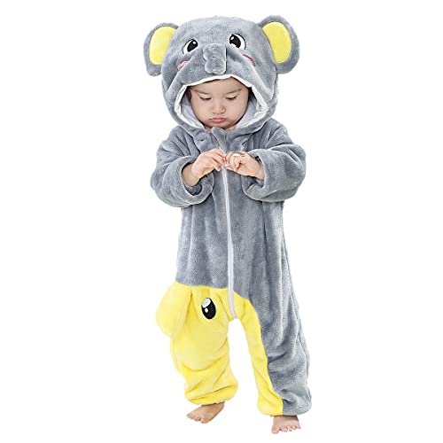 DEBAIJIA Baby Spielanzug Flanell 0-24M Tier Strampler Winter Overall mit Kapuze Jumpsuit Mädchen und Junge Süß Pyjama (Gelb Grau-70) von DEBAIJIA