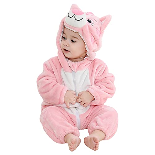 DEBAIJIA Baby Spielanzug Flanell 0-6M Tier Strampler Winter Overall mit Kapuze Süß Jumpsuit Mädchen und Junge Warm Pyjama (Rosa01-70) von DEBAIJIA