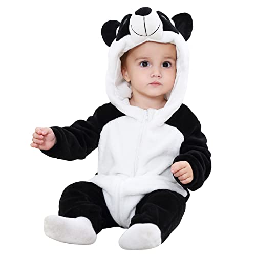 DEBAIJIA Baby Spielanzug Flanell 0-6M Tier Strampler Winter Overall mit Kapuze Süß Jumpsuit Mädchen und Junge Warm Pyjama (Schwarz-70) von DEBAIJIA