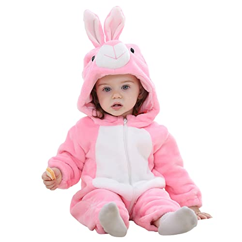 DEBAIJIA Baby Spielanzug Flanell 12-18M Tier Strampler Winter Overall mit Kapuze Süß Jumpsuit Mädchen und Junge Warm Pyjama (Rosa-90) von DEBAIJIA