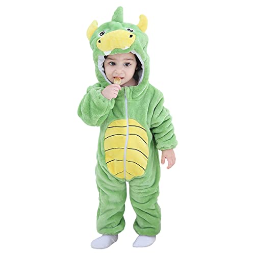 DEBAIJIA Baby Spielanzug Flanell 12-18M Tier Strampler Winter Overall mit Kapuze Warm Jumpsuit Junge und Mädchen Süß Pyjama (Grün-90) von DEBAIJIA