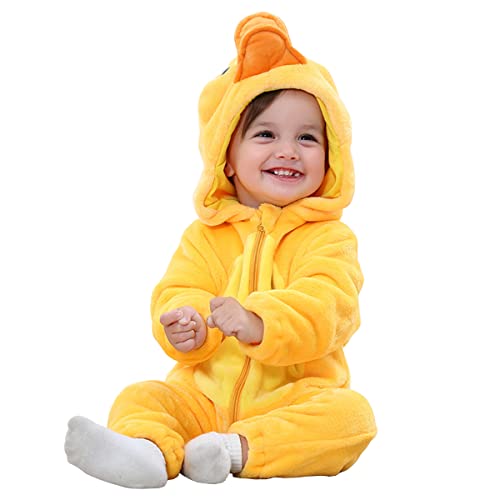 DEBAIJIA Baby Spielanzug Flanell 18-24M Tier Strampler Winter Overall mit Kapuze Süß Jumpsuit Mädchen und Junge Warm Pyjama (Gelb01-100) von DEBAIJIA