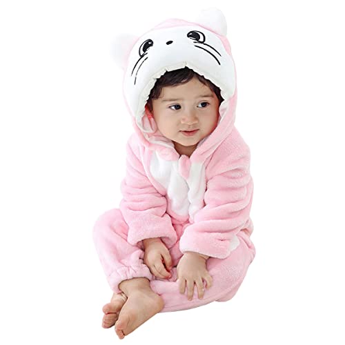 DEBAIJIA Baby Spielanzug Flanell 18-24M Tier Strampler Winter Overall mit Kapuze Süß Jumpsuit Mädchen und Junge Warm Pyjama (Rosa02-100) von DEBAIJIA