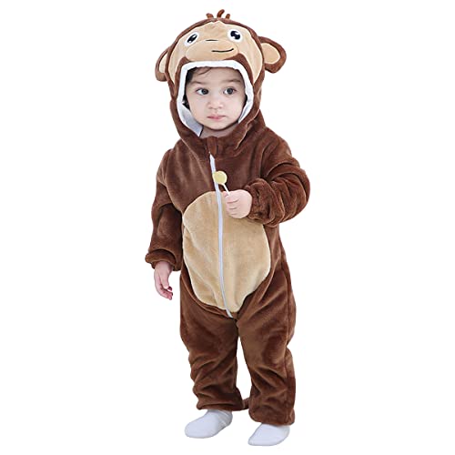 DEBAIJIA Baby Spielanzug Flanell 18-24M Tier Strampler Winter Overall mit Kapuze Warm Jumpsuit Junge und Mädchen Süß Pyjama (Braun-100) von DEBAIJIA