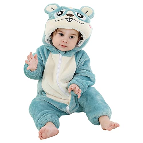 DEBAIJIA Baby Spielanzug Flanell 6-12M Tier Strampler Winter Overall mit Kapuze Süß Jumpsuit Mädchen und Junge Warm Pyjama (Blau-80) von DEBAIJIA