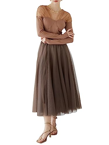 DEBAIJIA Damen Chiffon Maxirock Sommer Floral Gedruckt Tragevarianten Damen Elegant Hohe Taille Lange Röcke Kleid (Braun von DEBAIJIA