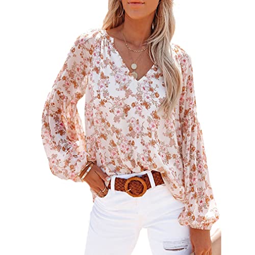 DEBAIJIA Damen Langarmshirt Boho-Stil Blumenmuster V-Ausschnitt Lose Blusen Langarm Tops Sexy Stilvoll Freizeit (A-Weiß-M) von DEBAIJIA