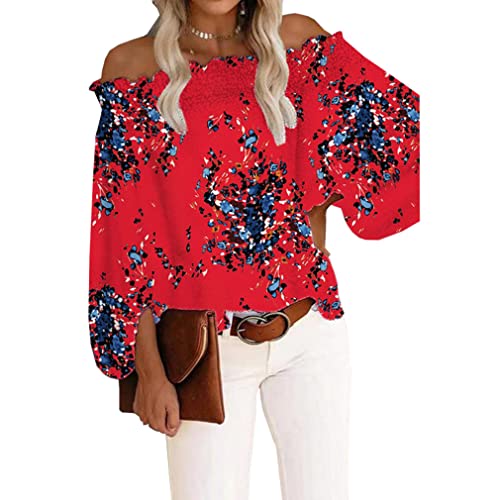 DEBAIJIA Damen Langarmshirt Schulterfrei Sexy Langarm Tops Lockere Passform Pullover Sanft Basic Casual Frühling Herbst (Blume-Rot-3XL) von DEBAIJIA