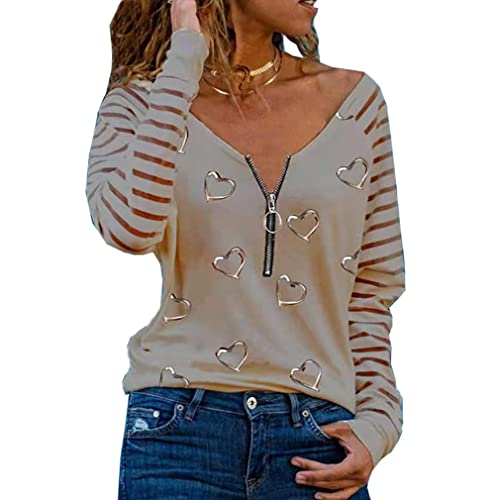 DEBAIJIA Damen Langarmshirt V-Ausschnitt Knopfleiste Sexy Langarm Tops Lockere Passform Pullover Casual Sanft Frühling Herbst (C-Hellbraun-4XL) von DEBAIJIA