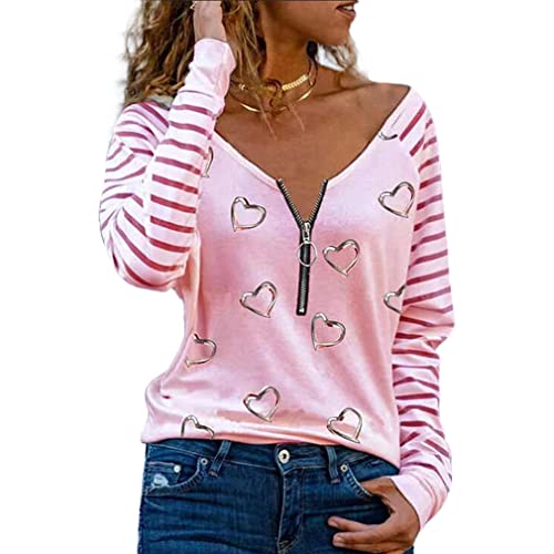 DEBAIJIA Damen Langarmshirt V-Ausschnitt Knopfleiste Sexy Langarm Tops Lockere Passform Pullover Casual Sanft Frühling Herbst (C-Rosa-S) von DEBAIJIA