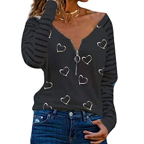 DEBAIJIA Damen Langarmshirt V-Ausschnitt Knopfleiste Sexy Langarm Tops Lockere Passform Pullover Casual Sanft Frühling Herbst (C-Schwarz-3XL) von DEBAIJIA