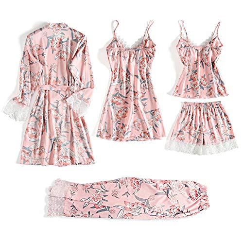 DEBAIJIA Damen Nachthemd 5 Stück Set Nachtwäsche Satin Schlafanzüge Sexy Nachtkleid Negligee Robe Pyjama Bademantel Atmungsaktiv Leichte (Rosa-L) von DEBAIJIA