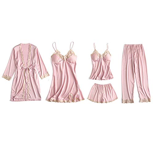 DEBAIJIA Damen Nachthemd 5 Stück Set Nachtwäsche Satin Schlafanzüge Sexy Nachtkleid Negligee Robe Pyjama Bademantel Atmungsaktiv Leichte (Rosa-M) von DEBAIJIA