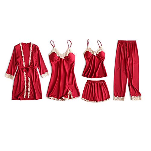 DEBAIJIA Damen Nachthemd 5 Stück Set Nachtwäsche Satin Schlafanzüge Sexy Nachtkleid Negligee Robe Pyjama Bademantel Atmungsaktiv Leichte (Rot-L) von DEBAIJIA