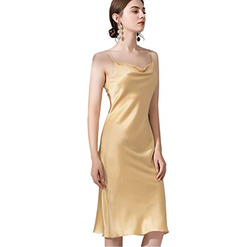 DEBAIJIA Damen Nachthemd Satin Negligee Sexy Lange Schlafanzüge Nachtkleid Nachtwäsche Ärmellos Pyjama Leichte Atmungsaktiv (Champagner-M) von DEBAIJIA