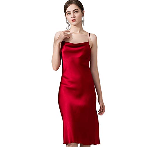 DEBAIJIA Damen Nachthemd Satin Negligee Sexy Lange Schlafanzüge Nachtkleid Nachtwäsche Ärmellos Pyjama Leichte Atmungsaktiv (Rot-L) von DEBAIJIA