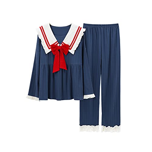 DEBAIJIA Damen Pyjama 2 Stück Set Schlafanzug Nachtwäsche Weiblich Hausanzug Schlafkleid Nachthemd Langarm Weich Lässige (Dunkelblau-M) von DEBAIJIA