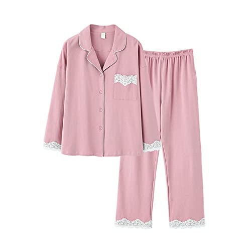 DEBAIJIA Damen Pyjama 2 Stück Set Schlafanzug Nachtwäsche Weiblich Hausanzug Schlafkleid Nachthemd Langarm Weich Lässige (Rosa-XL) von DEBAIJIA