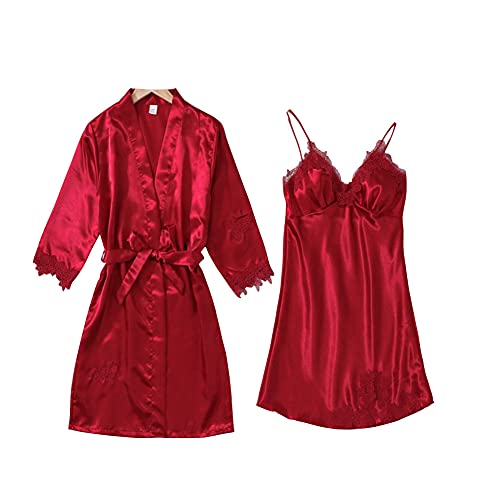 DEBAIJIA Damen Pyjama Nachthemd 2 Stück Set Frauen Schlafkleid Weiblich Sleepshirt Nachtrobe Seide Sexy Hausmantel Atmungsaktiv Bequem (Burgund-XXL) von DEBAIJIA