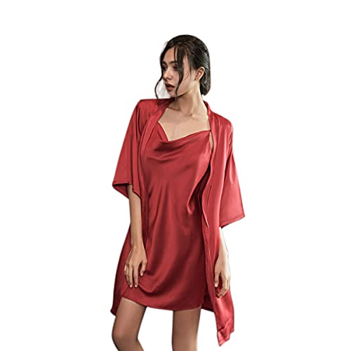 DEBAIJIA Damen Pyjama Nachthemd 2 Stück Set Frauen Schlafkleid Weiblich Sleepshirt Nachtrobe Seide Sexy Hausmantel Atmungsaktiv Bequem (Burgund-XXL) von DEBAIJIA