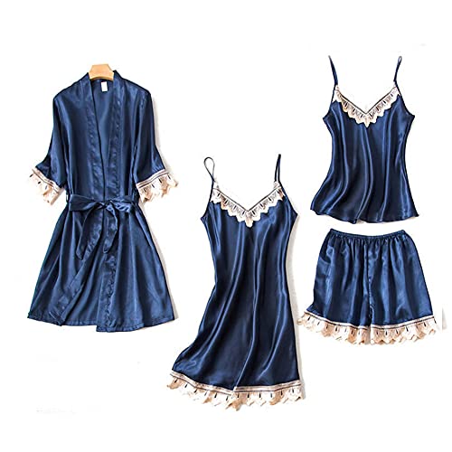 DEBAIJIA Damen Pyjama Nachthemd 4 Stück Set Frauen Schlafkleid Weiblich Sleepshirt Nachtrobe Seide Sexy Hausmantel Atmungsaktiv Bequem (Marineblau-L) von DEBAIJIA