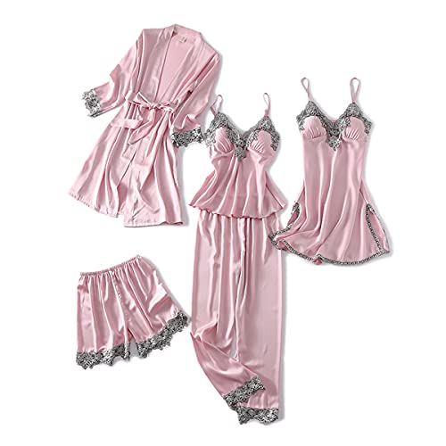 DEBAIJIA Damen Pyjama Nachthemd 5 Stück Set Frauen Schlafkleid Weiblich Sleepshirt Nachtrobe Seide Sexy Hausmantel Atmungsaktiv (Rosa-L) von DEBAIJIA