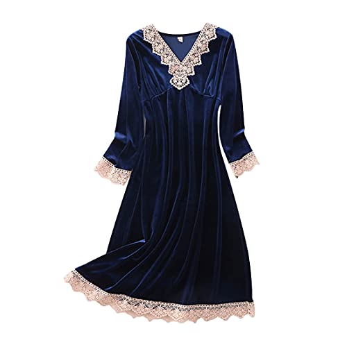 DEBAIJIA Damen Pyjama Nachtrobe Nachthemd Schlafanzug Winter Gold Samt Frauen Schlafkleid Weiblich Bademantel Hausmantel Warm Bequem (Blau-L) von DEBAIJIA