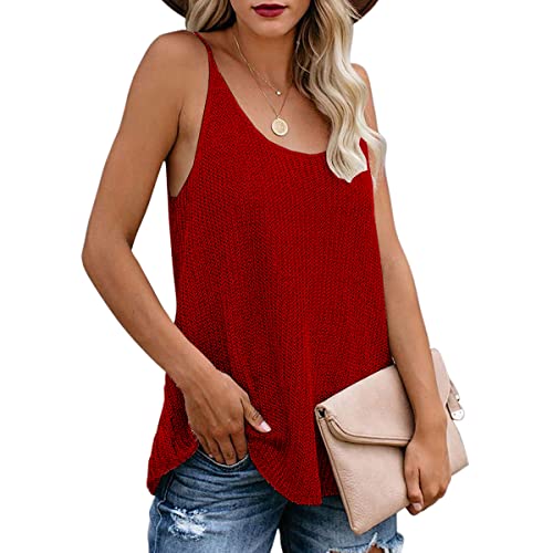 DEBAIJIA Damen Tank Top Ärmellose Stricken Unterhemd Racerback Ribbed Round Atmungsaktiver Basic Weste Lose Lässige Neck Leibchen Sommer (Rot-2XL) von DEBAIJIA