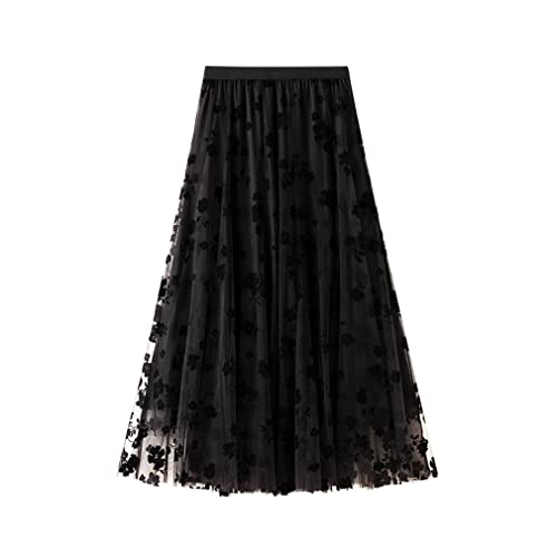 DEBAIJIA Damen Tüllrock Sommer Frauen Elegante Mesh Hohe Taille Midi Röcke Floral Gedruckt Abend Casual Partei Röcke Kleid (Schwarz) von DEBAIJIA