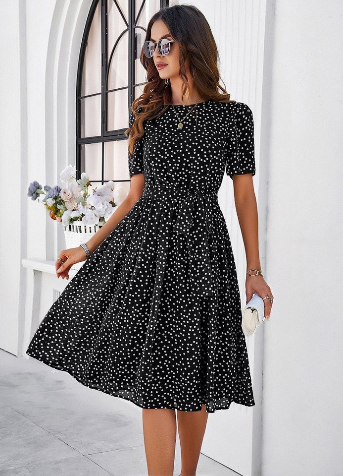 DEBAIJIA Dirndl Damenkleid Kurzarmkleid Punktmuster Knielanges Midikleid Lässig von DEBAIJIA