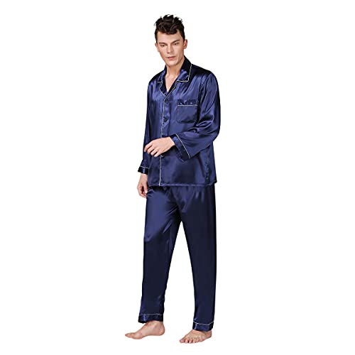 DEBAIJIA Herren Bademantel Morgenmantel Schlafanzug Pyjama Hose Seide Lang Satin Nachtwäsche Männer Hausmantel (Blau-XXXL) von DEBAIJIA